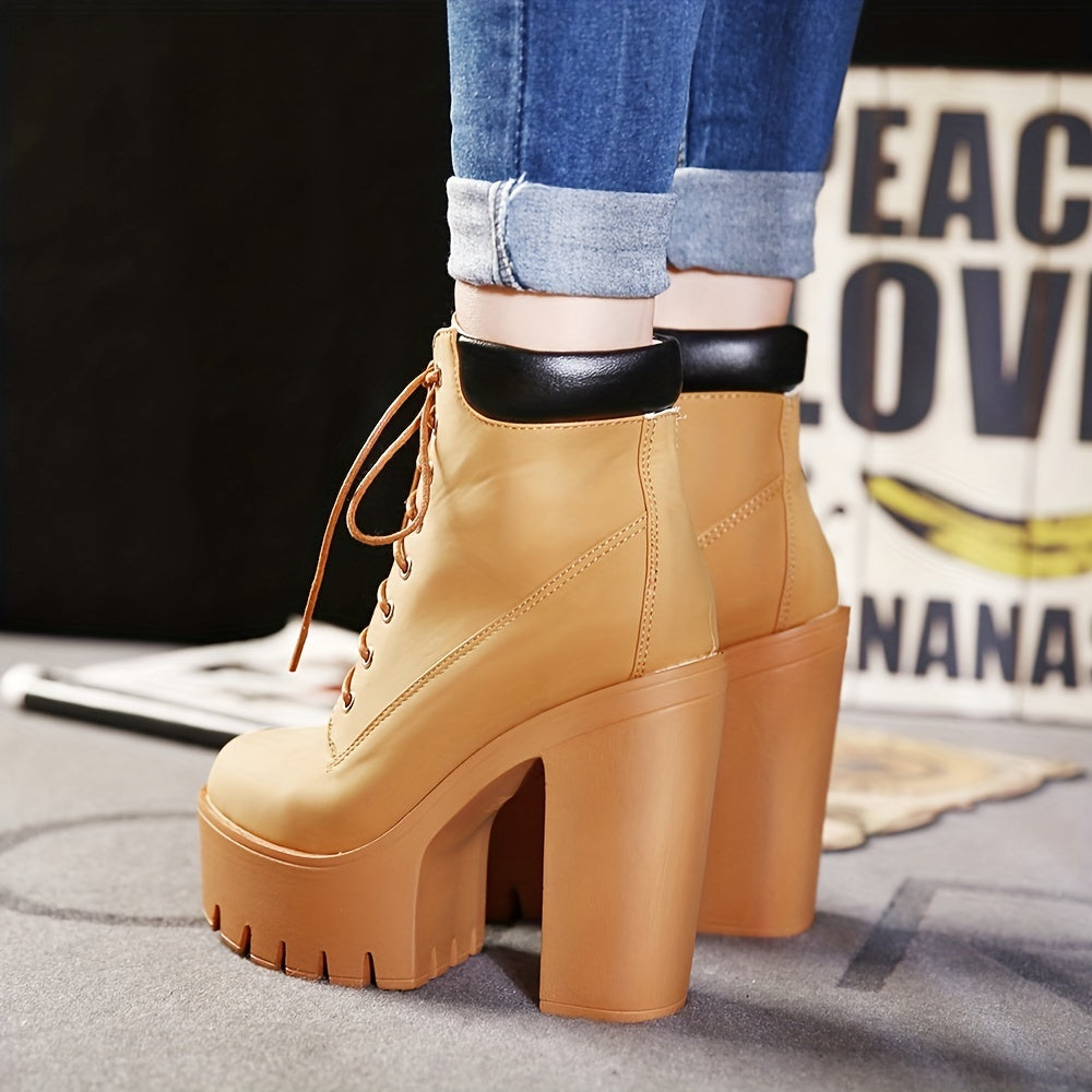 Women's Chunky Heeled Short Boots - Round Toe Lace Up High Heels, Solid Color Waterproof Platform Shoes - For Women - Suitable for Parties, Night Out, Dates - Perfect Gift for Fashionable Women